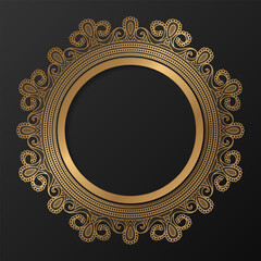 Golden frame with ornament in circle on black background. Luxury gold mandala. - Vector.