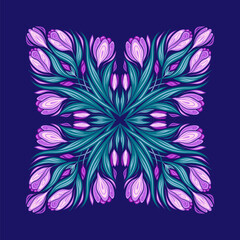 Vector decorative illustration of bouquet crocuses. Tracery card of spring flowers in square composition on violet background.