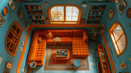 Upside Down Living Room Interior with Orange and Blue Decor