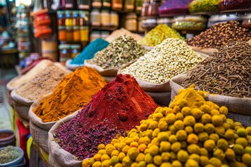 The store is filled with shelves displaying a wide variety of spices from different cultures and regions, spices are in bulk bags. Generative AI