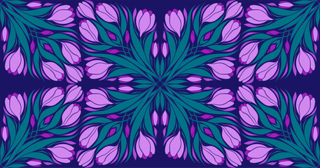 Vector seamless kaleidoscope pattern with crocuses. Art nouveau surface design with decorative spring flowers on violet background