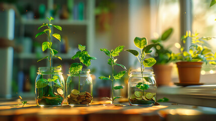 Obraz na płótnie Canvas Wealthy Plant Concept: Growing Money Trees in Glass Jars Symbolizing Prosperity and Financial Growth