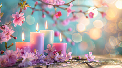 Colorful dreamy candles on bokeh background
