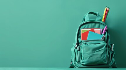 Stationery-filled school backpack with a green backdrop.  - obrazy, fototapety, plakaty