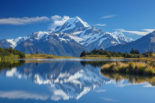 A mountain range is mirrored in the calm, still waters of a lake, creating a striking visual reflection. Generative AI