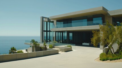 Exterior view of a large concrete and steel construction mansion house