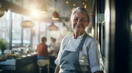 Chef in a restaurant in the kitchen. Smiling woman in the kitchen dressed in chef's clothes. Cooking in a restaurant