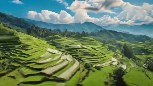 Aerial view of green terraced rice fields with a rural vibes and clear skies