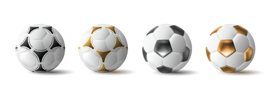 Soccer ball,Football ball. Vector set realistic 3d design style. Golden and white black color. Sport elements isolated on white background,icons,mockups