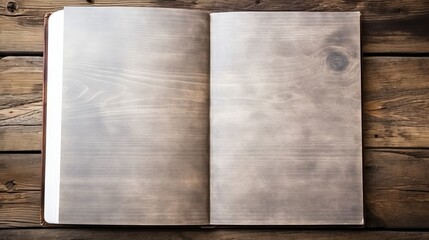 A blank book lies open against a weathered wooden background.