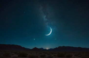 Fototapeta na wymiar Under the Crescent Moon: A Tranquil Night in the Desert, Illuminated by Starlight and Framed by Silhouetted Mountains, Evoking Serenity and Wonder, generative AI