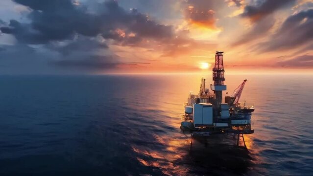 aerial view of an offshore oil rig with sunset view