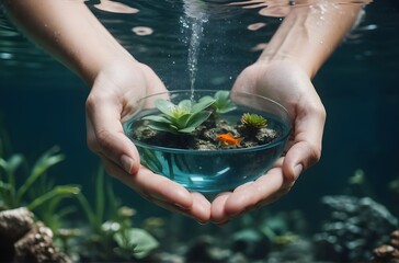 Nurturing Life Underwater: Hands Holding a Bowl with a Blooming Plant, Reflecting the Serene Beauty of Aquatic Ecosystems, generative AI