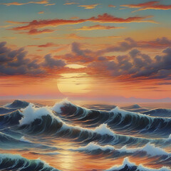 Traditional Japanese-style painting of the Ocean and beautiful waves at sunset.