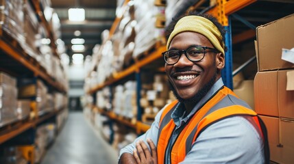 Worker and person in warehouse environment.