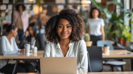 Attractive african young confident businesswoman sitting at the office table with group of colleagues in the background, working on laptop computer