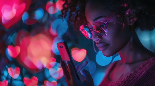Augmented Reality Dating Concept: Awesome Black Girl Uses Smartphone for Browsing Social Media Dating App. Lovely Young Brazilian Woman Searching for True Love with the Help of AI-Powered Software