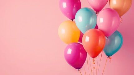 Bunch of bright balloons on pink background, space for text.