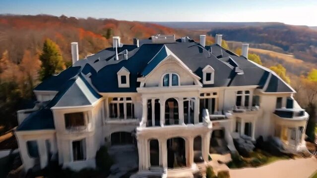 aerial view of a luxurious mansion on the hill with a swimming pool in front of it