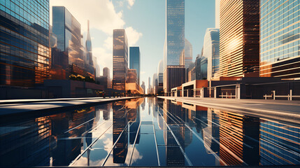 A stunning view of reflective skyscrapers and business office buildings captured by an HD camera,...