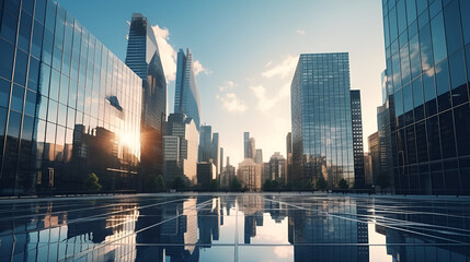 A stunning view of reflective skyscrapers and business office buildings captured by an HD camera, showcasing the modern urban landscape with clarity and detail
