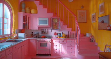Colorful Retro Kitchen Interior with Staircase