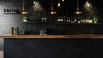 Creative black brick pub or bar interior with copy space on wall