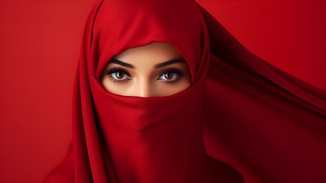 Portrait of young beautiful Muslim woman in niqab on red background