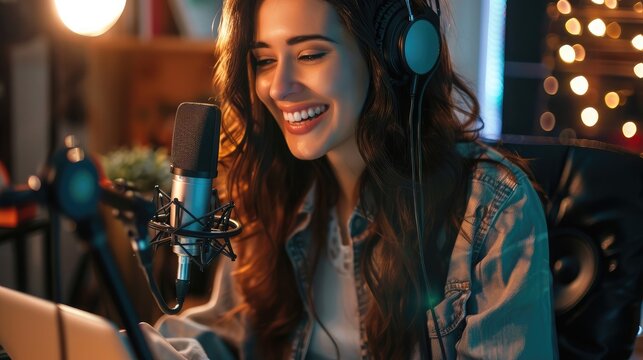 Content creator woman host streaming her a podcast on laptop with headphones and microphone interview cheering guest conversation at broadcast studio. Blogger motivation recording voice over radio