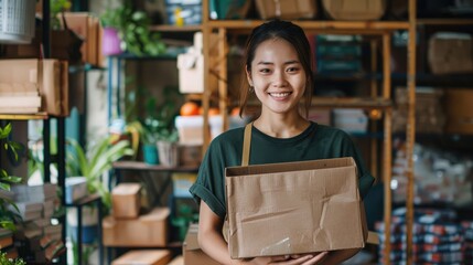 Go green use eco friendly packaging box in net zero waste store asian seller retail home office shop. Small SME owner young adult asia Gen Z people happy relax smile pride arm cross looking at camera - obrazy, fototapety, plakaty