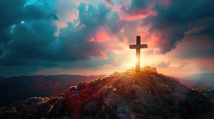 Jesus Christ cross. Easter, resurrection concept. Christian wooden cross on a background with dramatic lighting, colorful mountain sunset, dark clouds and sky, sunbeams - obrazy, fototapety, plakaty