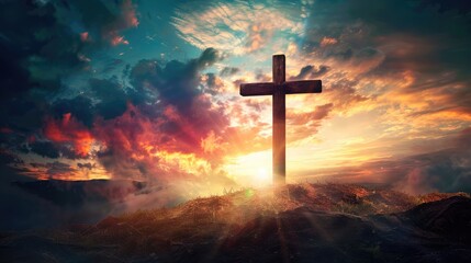 Fototapeta na wymiar Jesus Christ cross. Easter, resurrection concept. Christian wooden cross on a background with dramatic lighting, colorful mountain sunset, dark clouds and sky, sunbeams