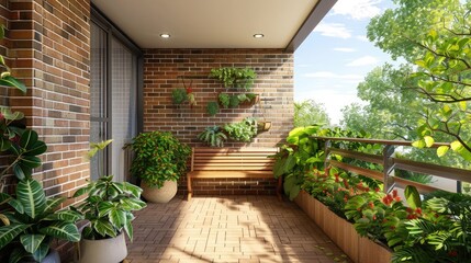 Fototapeta na wymiar Morden residential balcony garden with bricks wall, wooden bench and plants.