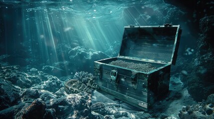 Open treasure chest sunken at the bottom of the sea . high contrast image