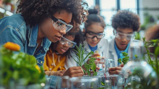 Multiethnic students analyzing plant experiment in school lab. Group of high school students in science laboratory understanding the study of roots. - Powered by Adobe
