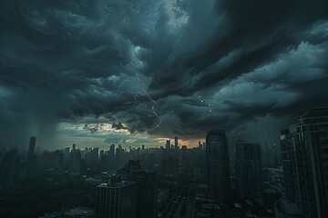 Obraz premium Dark clouds loom overhead as a storm approaches the city, bringing strong winds and heavy rain. Generative AI