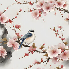 Traditional Japanese-style painting of cherry blossoms and birds.