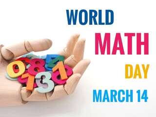 Concept for Math World Day: A poster with text and a hand holding a pile of numbers