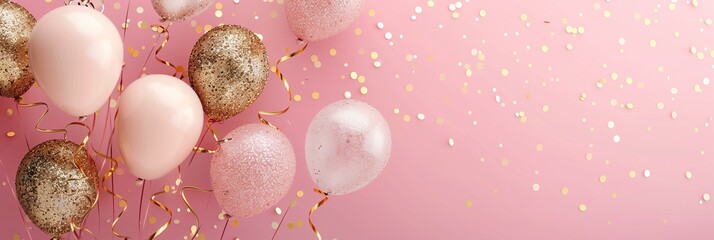 gold glitter balloons on a pastel pink background, festive birthday or baby shower backdrop