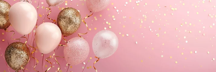 Rolgordijnen gold glitter balloons on a pastel pink background, festive birthday or baby shower backdrop © World of AI