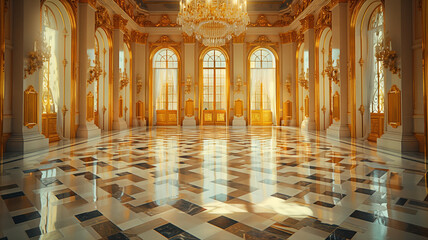 Majestic marble hall in a luxurious palace with golden ornaments and grand chandeliers