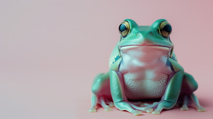 Green frog with big eyes sitting against a soft pink background.