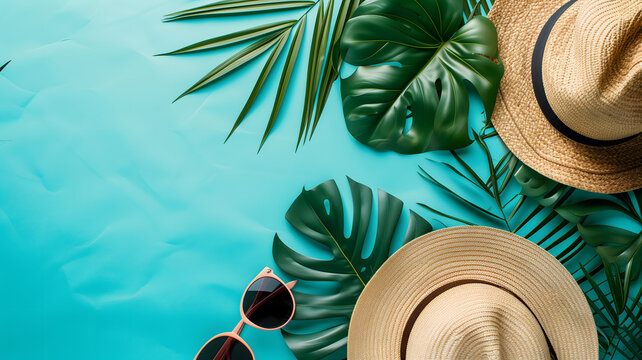 Hats, sunglasses, palm tree leaves on blue background. Blank, top view, still life, flat lay. Sea vacation travel concept tourism and resorts. Summer holidays. Neural network generated image. Not