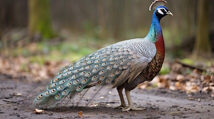Naklejka premium Close-Up of Grey Peacock-Pheasant Bird Feathers Standing on Ground in China Background