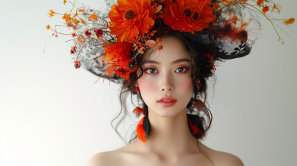 Graceful young asian woman adorned in a flowing with makeup and a creative hairstyle, colorful dress with floral embellishments, exuding elegance and vitality.