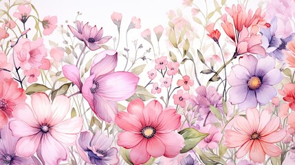 Color Illustration of Pink Floral Arrangement in Watercolor Style for Garden and Summer Decorative Backgrounds