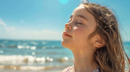 Young girl breathing fresh air while enjoying the sun on a golden sand beach with a blue sky and the sea horizon in the background.