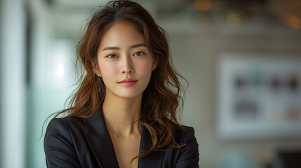 A poised young businesswoman with flowing hair wearing a stylish elegant suit, embodying confidence and professionalism on modern office background.