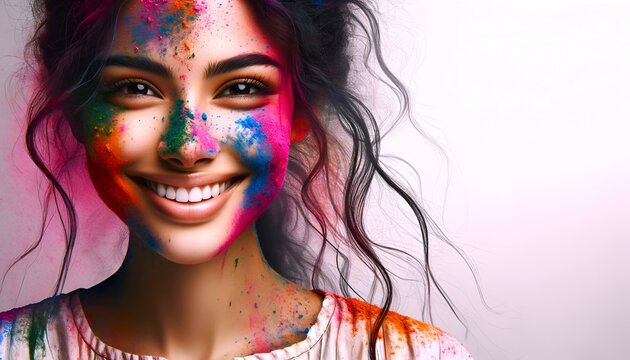 Beautiful background for the holi festival with a smiling indian woman with face covered with colorful powder.