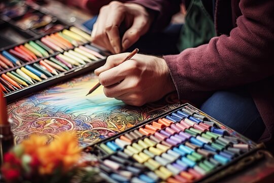 Closeup of Caucasian Artist Painting a Picture with Crayons and Sketching by Hand - Vignetting Effect
